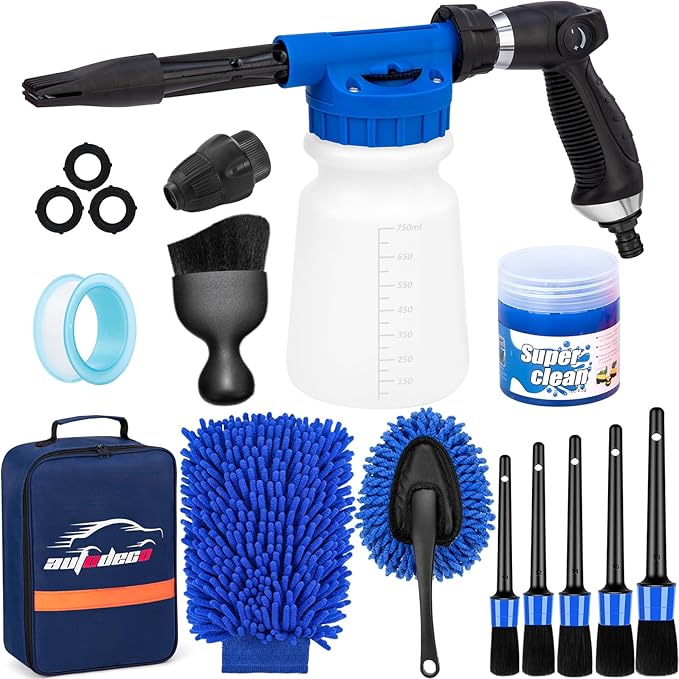 AUTODECO Car Wash Detailing Kit Cleaning Kits with Foam Gun Sprayer, Car Wash Brush and Large Wash Mitt Duster for Car Interior and Exterior Cleaning (Blue)