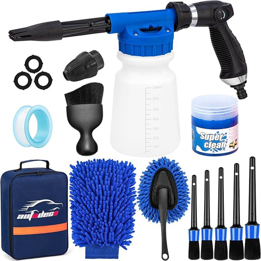 AUTODECO Car Wash Detailing Kit Cleaning Kits with Foam Gun Sprayer, Car Wash Brush and Large Wash Mitt Duster for Car Interior and Exterior Cleaning (Blue)