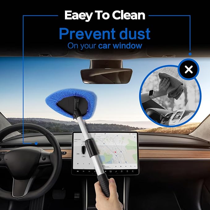 Windshield Cleaner Tool - Car Interior&Exterior Window Cleaning Kit with Extendable Handle & 4 Microfiber Pads and Thick Large Wash Sponge, Auto Glass Wiper Brush Kit for Cars Home (7pcs, Blue)