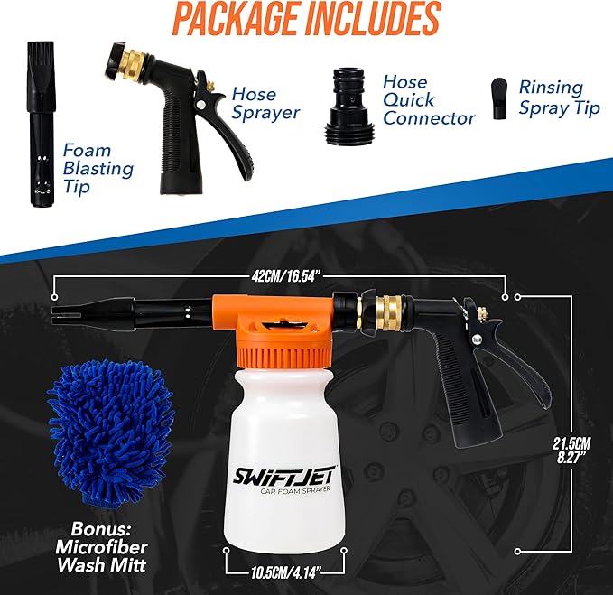 SwiftJet Car Wash Foam Gun + Microfiber Wash Mitt - Foam Cannon Works with Any Soap - Garden Hose Car Foam Sprayer - Car Wash Kit - Car Accessories Foam Blaster (Orange Foam Gun with Mitt)