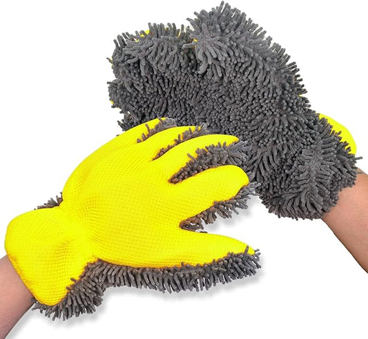 QMX Car Wash Mitt Microfiber Scratch Free,Premium Chenille Ultra-Soft Car Wash Gloves,Thickened Inside Coated Swirl-Free Finish 5-Finger Design Detailing for Cleaning Car Wash Brush,2-Pack Yellow