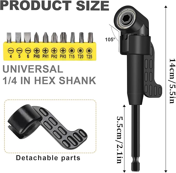 18Pcs Flexible Drill Bit Extension, Include 3Pcs Rotatable Socket Adapter 2Pcs 105° Right Angle Drill Attachment 10 Short Screwdriver Bits 90° Angled Bits and 2 Bendable Extension Tool