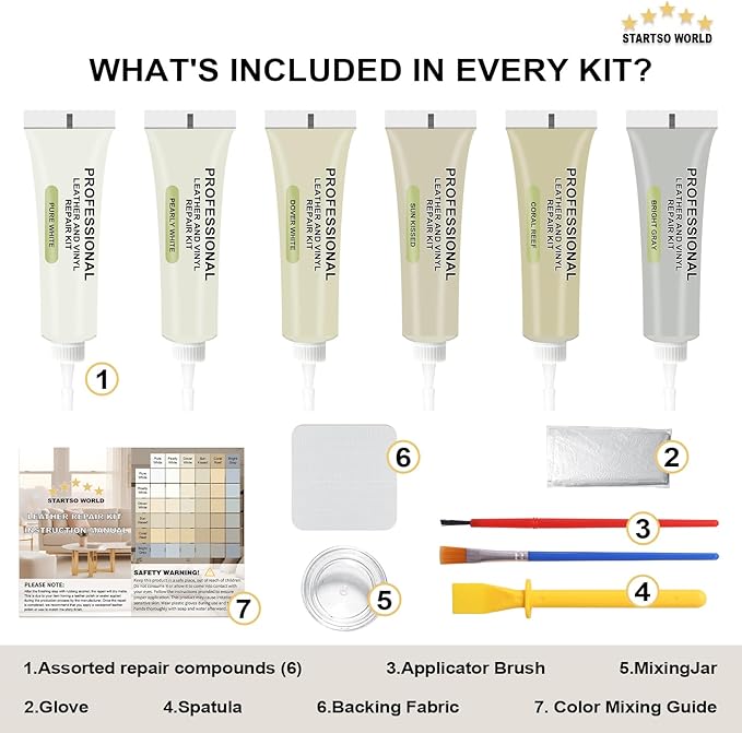 STARTSO WORLD Cream Leather Repair Kit for Furniture, Leather & Vinyl Repair kit for Car Interior, Couches, Car Seat, Jacket, Sofa, Boat or and Purse, Restores Faux, Artificial, Genuine Pleather