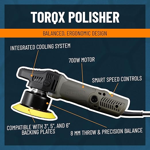 Chemical Guys TORQX Random Orbital Polisher, Pads, Polishes, and Compounds Kit - Car Polishing Kit Safe for Trucks, SUVs, Motorcycles, and More, 700W Motor, 8mm Orbit, 9-Piece Set