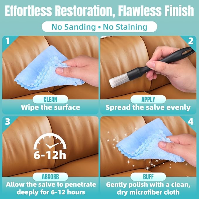 Furniture Salve for Leather - 4oz Professional Furniture Restorer, Polisher & Moisturizer for Couches, Chairs, Tables - Conditioner for Leather, Vinyl & Wood Surfaces - with Brush & Towel