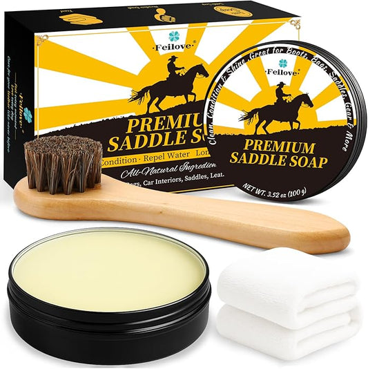 Saddle Soap for Leather – All-Natural 3-in-1 Leather Cleaner & Conditioner Kit with Horsehair Brush & Cloth – For Boots, Bags, Saddles, Car Interiors, Shoes 3.52oz