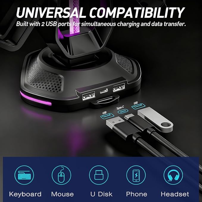 RGB Headset Stand with 9 Light Modes and 2 USB Charging Ports - Controller Holder for Desk - Headphone Stand & Detachable Controller Hook for PC Earphone Gaming Room Setup Accessories