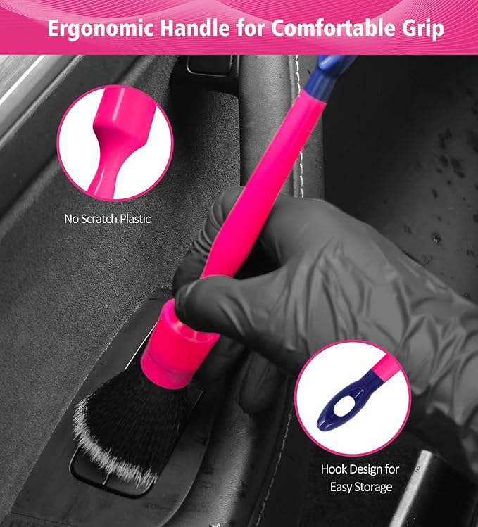 YeewayVeh 6PCS Car Detailing Brush Set, 3pcs Boars Hair Detailing Brushes, 3pcs Ultra Soft Detail Brush for Leather Seat Air Vents Engine Bay, Detail Brushes Car Detailing for Interior Exterior, Pink