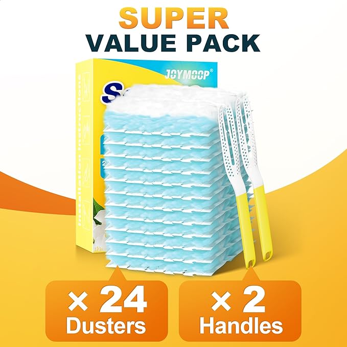 JOYMOOP Disposable Duster for Cleaning, with 2 Handles & 24 Ct Blue Heavy Duty Refills for Swiffer Feather Duster, Household Cleaning Tool for Electronics, Dusting Furniture, Blinds, Pet Hair
