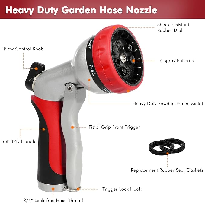 RESTMO Garden Hose Nozzle, Heavy Duty Metal Water Hose Nozzle with 7 Adjustable Spray Patterns, High Pressure Hand Sprayer with Flow Control, Best for Watering Plants & Lawns, Washing Cars & Pets, Red