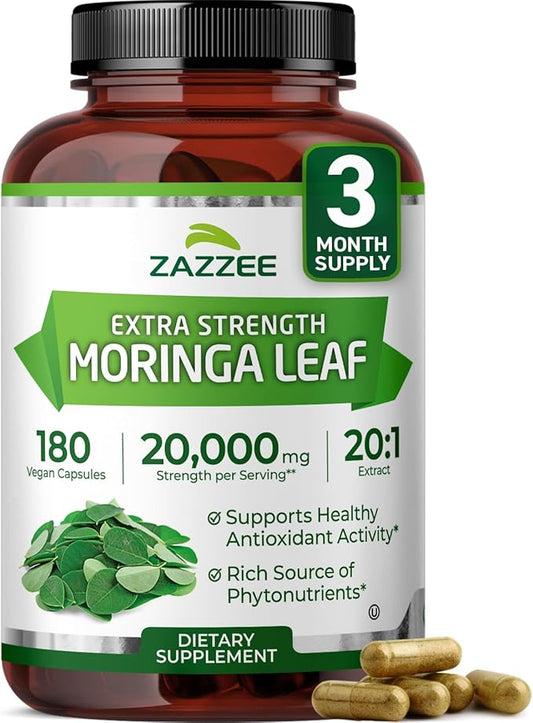 Zazzee Organic Moringa 20:1 Extract, 20,000 mg Strength, 180 Vegan Capsules, 100% Pure Oleifera Leaf Superfood, Concentrated and Standardized 20X Extract, All-Natural, Non-GMO, Made in The USA