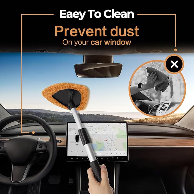 Windshield Cleaner Tool - Car Interior&Exterior Window Cleaning Kit with Extendable Handle & 4 Microfiber Pads and Thick Large Wash Sponge, Auto Glass Wiper Brush Kit for Cars Home (7pcs, Orange)