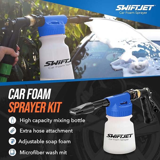 SwiftJet Car Wash Foam Gun + Microfiber Wash Mitt - Foam Cannon Works with Any Soap - Garden Hose Car Foam Sprayer - Car Wash Kit - Car Accessories Foam Blaster (Blue Foam Gun with Mitt)