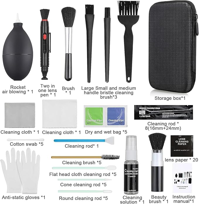 18-in-1 Professional Camera Cleaning Kit for Most DSLR Cameras (Canon, Nikon,Sony), with Air Blower/Cleaning Pen/Detergent/Cleaning Cloth/Lens Brush/Carry Case