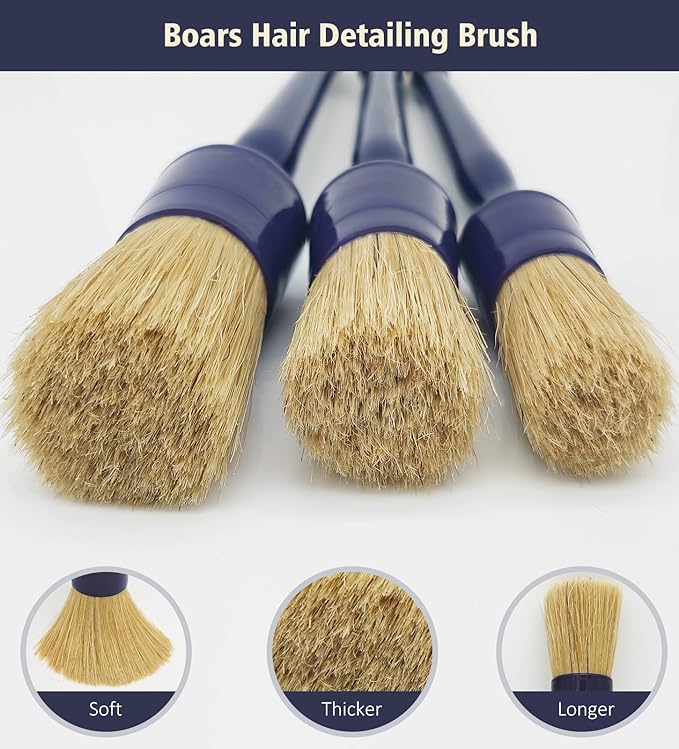 YeewayVeh Car Detailing Brush Set, 3 Pack Ultra Soft Boars Hair Detailing Brushes for Leather Seat Air Vents Engine Bay, Auto Detail Brushes Car Detailing for Interior Exterior, Indigo