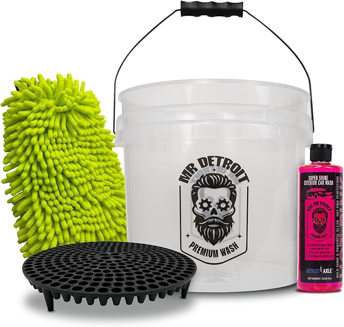 Mr. Detroit - 8pc Car Wash Kit with Foam Blaster, Bucket w/Filter, Double Noodle Wash Mitt, Wheel Body Brush, Applicator Sponge Pad, 16oz Car Soap, 16oz Degreaser for Auto Detailing & Home Use