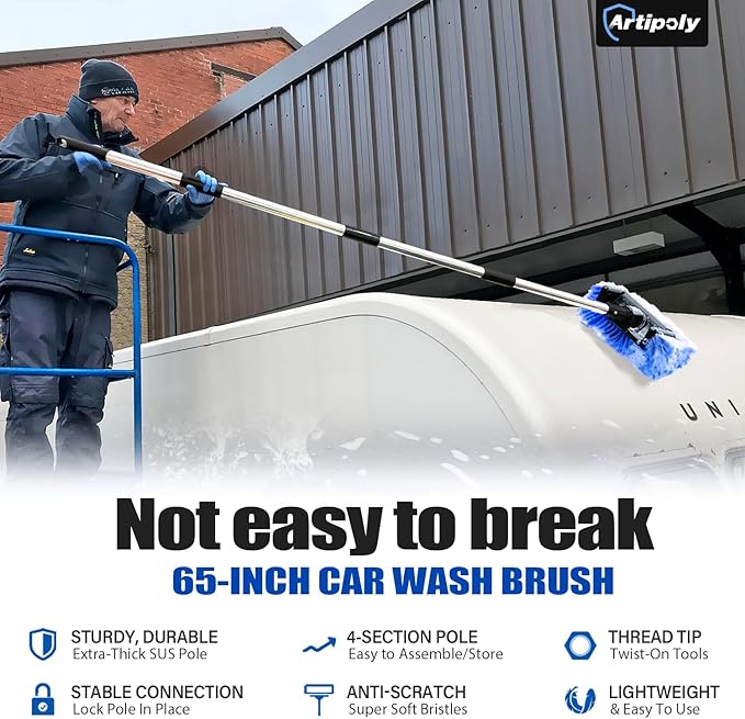 65'' Five-Sided Car Wash Brush with Long Handle, Scratch-Free Car Cleaning Kit with Soft Wash Brush, Tire Brush, Window Squeegee, Car Wash Mitt, Microfiber Cleaning Head & Extension Pole