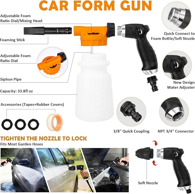 AUTODECO Car Wash Detailing Kit Cleaning Kits with Foam Gun Sprayer, Car Wash Brush and Large Wash Mitt Duster for Car Interior and Exterior Cleaning (Orange)