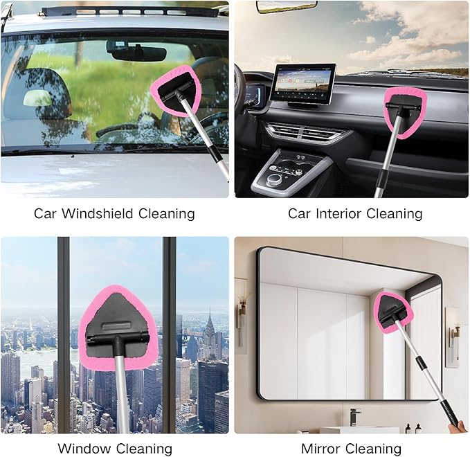 11pcs Windshield Cleaner Tool, Car Window Cleaning Wash Kit with 6 Reusable Microfiber Pads 2 Spray Bottles and Extendable Handles Auto Glass Wiper Kit, Pink