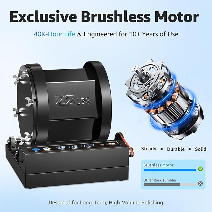 Extra Large 22LB Capacity Professional Rock Tumbler with Brushless Motor & Metal Base – Heavy-Duty Stone Polisher for Adults, Long-Term Use, Workshops & Serious Collectors