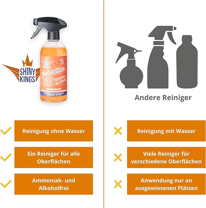 Shinykings Wash&Shine 66 WATERLESS Car Wash | Ultra Car Shine Effect | Powerful Car Soap for All Surfaces | Scratch-Free Car Cleaner | 16.9 fl.oz.