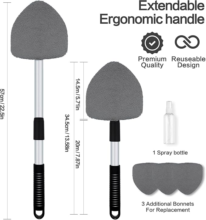Windshield Cleaner Tool - Car Interior&Exterior Window Cleaning Kit with Extendable Handle & 4 Microfiber Pads and Thick Large Wash Sponge, Auto Glass Wiper Brush Kit for Cars Home (7pcs, Grey)