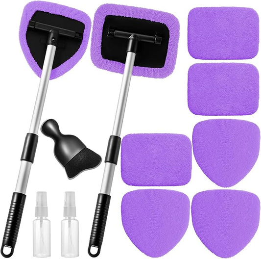 11pcs Windshield Cleaner Tool, Car Window Cleaning Wash Kit with 6 Reusable Microfiber Pads 2 Spray Bottles and Extendable Handles Auto Glass Wiper Kit, Purple