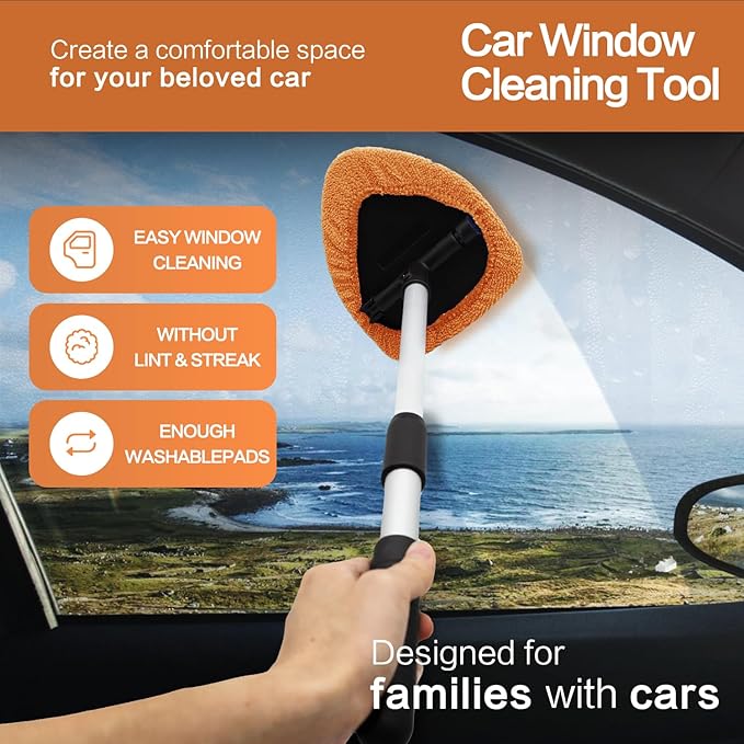 Windshield Cleaner Tool - Car Interior&Exterior Window Cleaning Kit with Extendable Handle & 4 Microfiber Pads and Thick Large Wash Sponge, Auto Glass Wiper Brush Kit for Cars Home (7pcs, Orange)