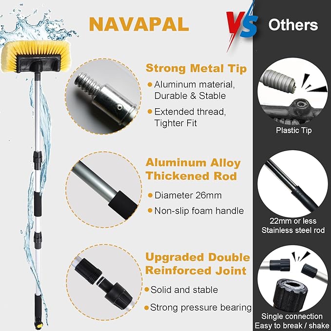 70" RV Wash Brush with Long Handle and 12" Soft Bristle Brush Head, Water Flow-Thru Truck Washing Brush with Hose Attachment for Cleaning Car, SUV, Boat, Camper, House Siding and Solar Panels