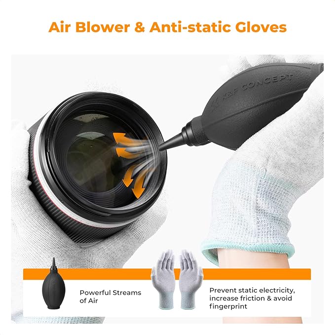 K&F CONCEPT 32-in-1 Camera Lens Cleaning Kit for DSLR Camera Lens Filter with Cleaning Pen+Air Blower+Cleaning Cloth*2+Full-Frame Swab*10+Cleaning Wipes*10+Vacuum Cleaning Cloth*6+Anti-Static Gloves