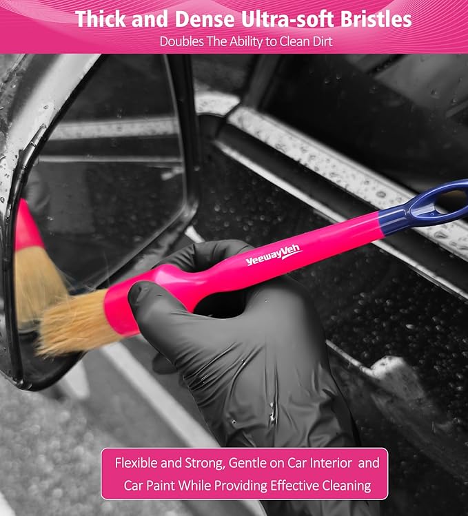 YeewayVeh 6PCS Car Detailing Brush Set, 3pcs Boars Hair Detailing Brushes, 3pcs Ultra Soft Detail Brush for Leather Seat Air Vents Engine Bay, Detail Brushes Car Detailing for Interior Exterior, Pink
