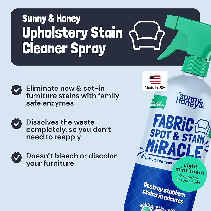 Sunny & Honey Upholstery Cleaner Spray - 32 Fl Oz, Mint - Pet & Kid Safe Stain Remover - Multi-Surface Furniture & Sofa Cleaner Spray - Fast-Drying Pet Stain Remover