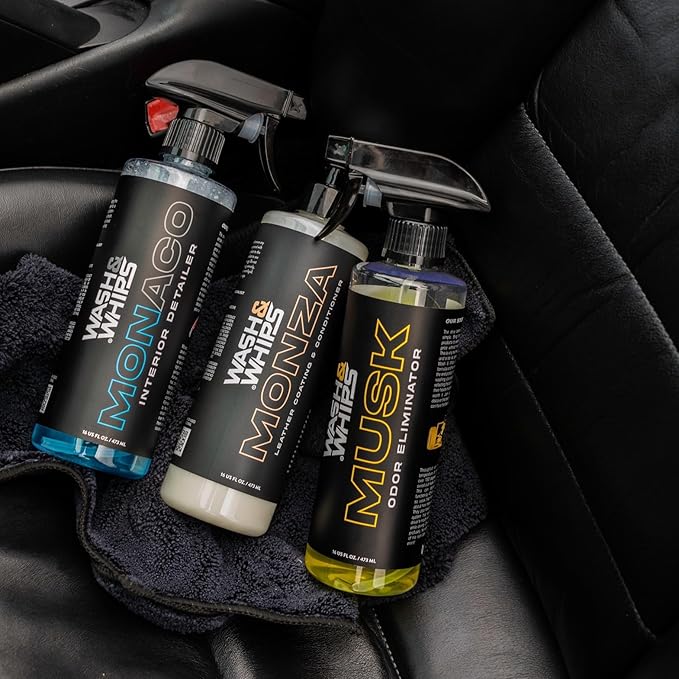 WASH&WHIPS CLEAN - Interior Car Wash Kit (Step 2) – Monaco Interior Cleaner, Musk Odor Eliminator, Monza Leather Conditioner – All-Purpose, Safe for All Surfaces, Effective for a Luxurious Finish