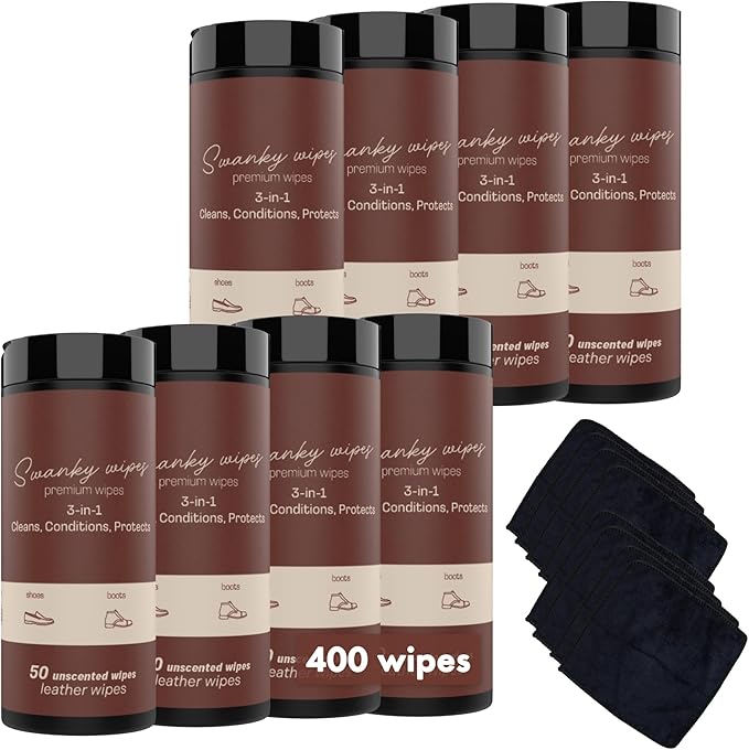 Swanky Leather Wipes - Leather Cleaner and Conditioner for Purses, Shoes, Furniture Polish & Car Seats, Prevents Fading & Cracking, Restores Softness & Shine - Canister, 400 Count