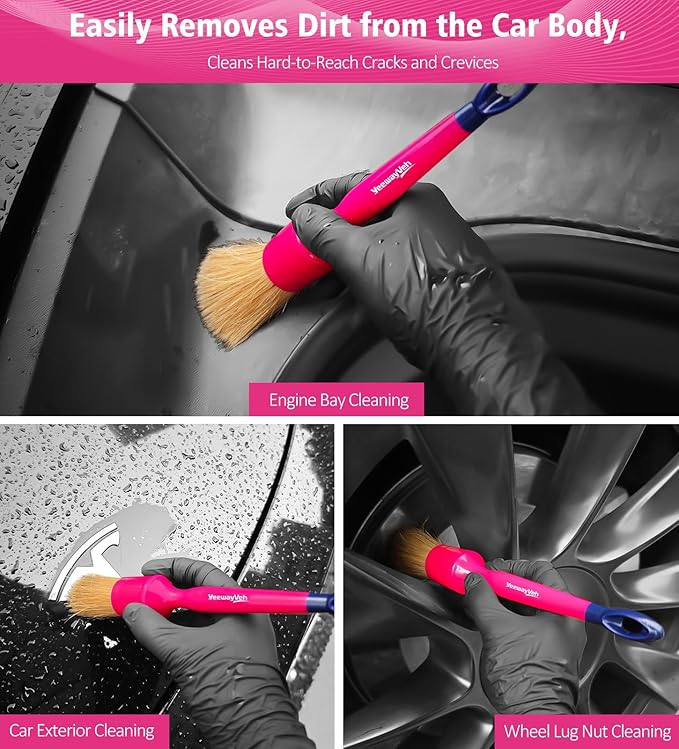YeewayVeh 6PCS Car Detailing Brush Set, 3pcs Boars Hair Detailing Brushes, 3pcs Ultra Soft Detail Brush for Leather Seat Air Vents Engine Bay, Detail Brushes Car Detailing for Interior Exterior, Pink