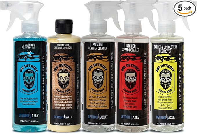 Mr. Detroit - 5pc Interior Detailing Kit, Leather Cleaner & Conditioner, Interior Speed Detailer, Carpet & Upholstery, Glass Cleaner, Professional Grade Formula for Deep Cleaning & Restore