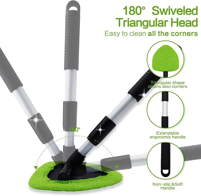 Windshield Cleaner Tool - Car Interior&Exterior Window Cleaning Kit with Extendable Handle & 4 Microfiber Pads and Thick Large Wash Sponge, Auto Glass Wiper Brush Kit for Cars Home (7pcs, Green)