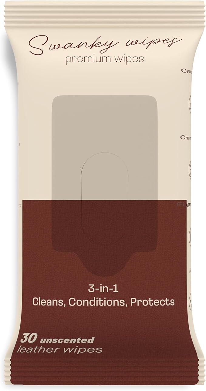 Swanky Leather Wipes - Leather Cleaner and Conditioner for Purses, Shoes, Furniture Polish & Car Seats, Prevents Fading & Cracking, Restores Softness & Shine - Soft Wipes, 30 Count