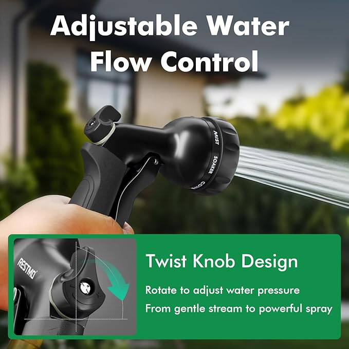 RESTMO Garden Hose Nozzle, Heavy Duty Metal Water Nozzle with 7 Adjustable Spray Patterns, High Pressure Hand Sprayer with Flow Control, for Watering Plants & Lawns, Washing Cars & Pets, Flash Black