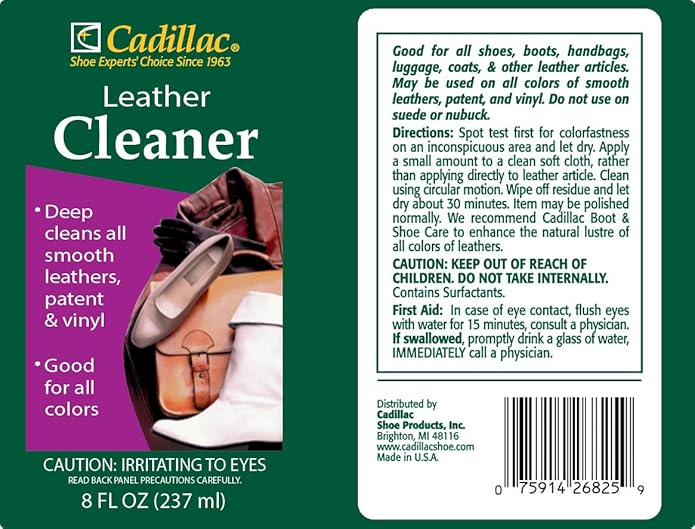Cadillac Leather Cleaner - Great for Shoes, Boots, Handbags, Car Upholstery, Furniture- Removes Surface Dirt, Grime, Salt and More From Finished Leathers