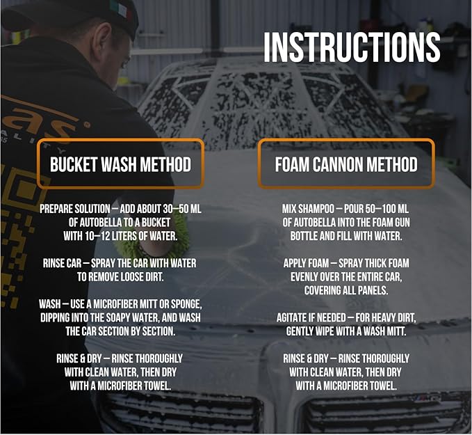 AUTOBELLA Wash & Wax Car Shampoo (33.8 fl oz) – 100:1 Concentrated Foaming Car Wash Soap with Polish, Neutral pH Car Cleaner, Made in Italy