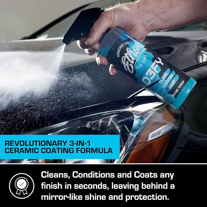 Ethos Defy - 3 in 1 Ceramic Coating - Waterless Car Wash Spray & Wax - Car Wax Spray Rnseless Wash - Hydrophobic Top Coat - Polish & Polymer Paint Sealant Protection - with Insta-Bond Technology