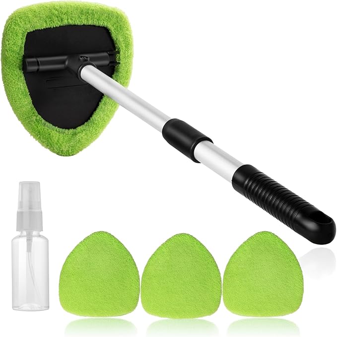 11pcs Windshield Cleaner Tool, Car Window Cleaning Wash Kit with 6 Reusable Microfiber Pads 2 Spray Bottles and Extendable Handles Auto Glass Wiper Kit, Green