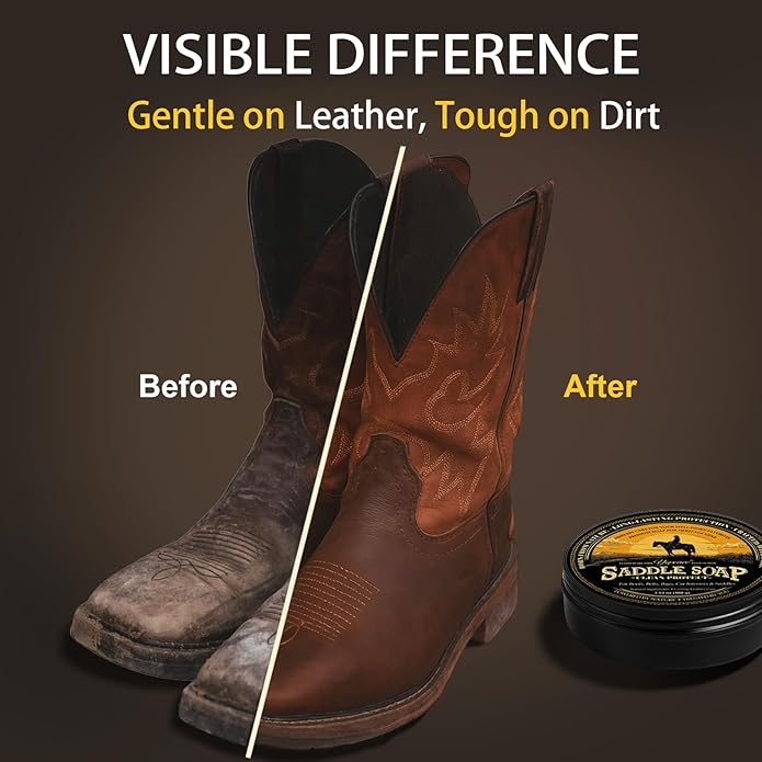 Saddle Soap 4PC Leather Care Kit – All-Natural 3.52oz Leather Cleaner & Conditioner with Horsehair Brush – Saddle Soap for Boots, Shoes, Bags, Saddles, Car & Jackets