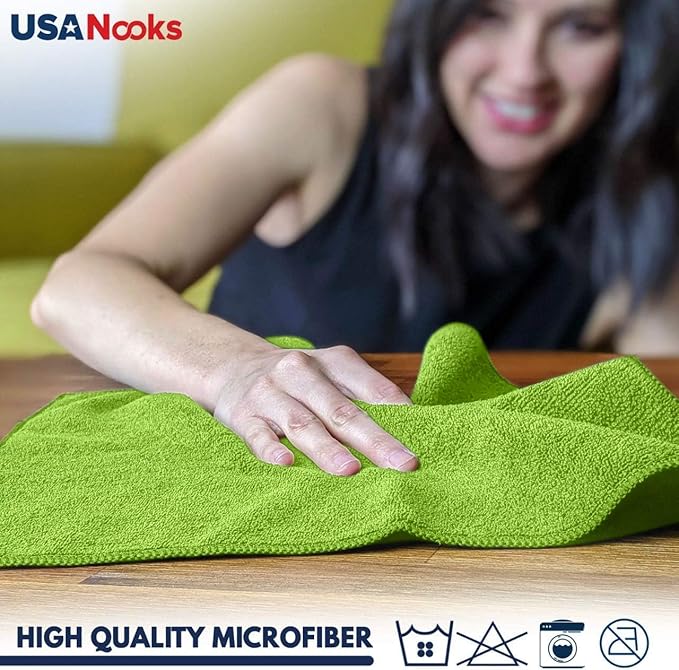 USANOOKS Microfiber Cleaning Cloth Light Green - 12 Pcs 12.5"x12.5" - High Performance - 1200 Washes, Ultra Absorbent Towels Weave Grime & Liquid for Streak-Free Mirror Shine - Car Washing Cloth