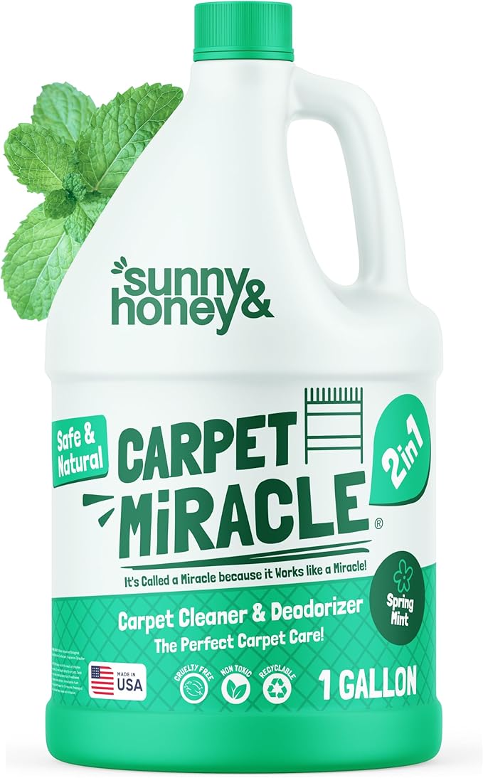 Sunny & Honey Carpet Cleaner Solution - 128 Fl Oz, Spring Mint Scent - Carpet Shampoo & Pet Stain Remover for Upholstery & Rugs, Works With Steam Cleaners