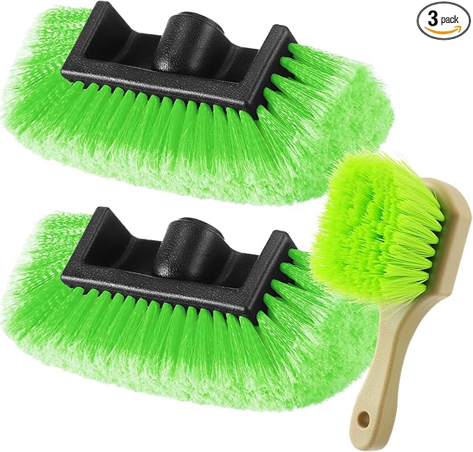 Vesici 2 Pcs 10 Inch Car Wash Brush Head with Soft Detailing Bristle Flow Through Car Cleaning Brush with 1 Pcs Stiff Bristle Wheel Brushes for Motorboat Rv Facades of Houses Wheel Carpet (Green)