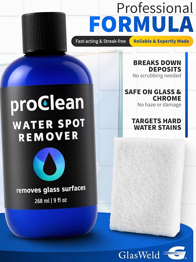 GlasWeld ProClean Hard Water Stain Remover for Glass & Metal – Non-Acid Mineral Deposit & Water Spot Remover for Cars & Shower Glass Cleaner - Removes Hard Spots from Windows – with Applicator Pad