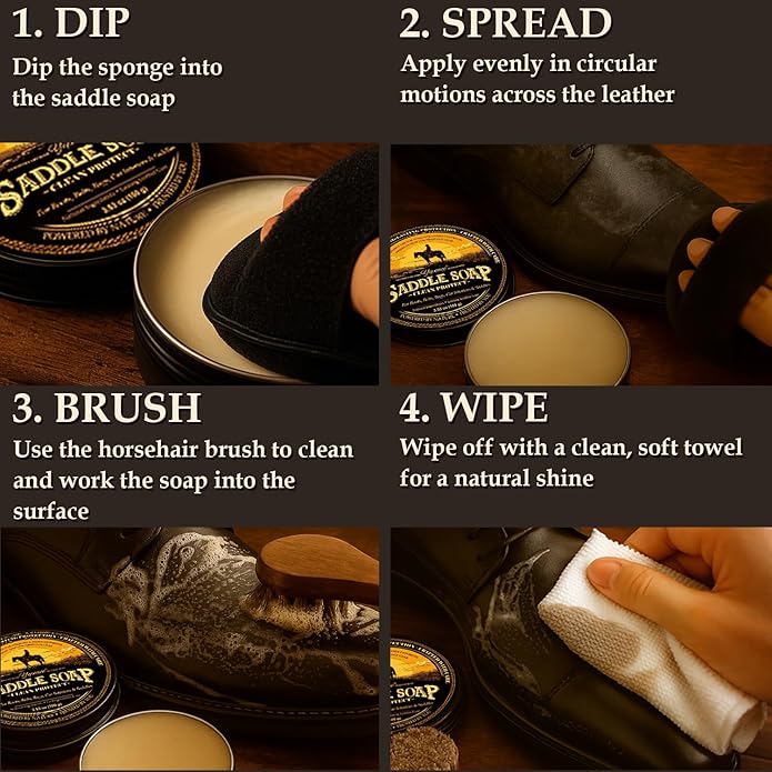 Saddle Soap 4PC Leather Care Kit – All-Natural 3.52oz Leather Cleaner & Conditioner with Horsehair Brush – Saddle Soap for Boots, Shoes, Bags, Saddles, Car & Jackets