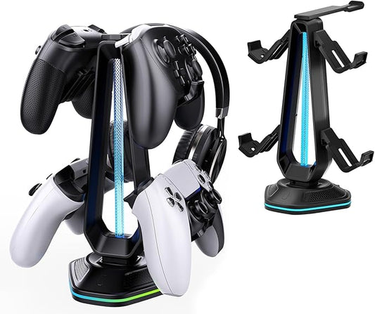RGB Headset Stand with 9 Light Modes and 2 USB Charging Ports - Controller Holder for Desk - Headphone Stand & Detachable Controller Hook for PC Earphone Gaming Room Setup Accessories
